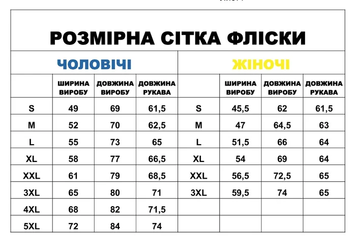 таблица размеров флисок